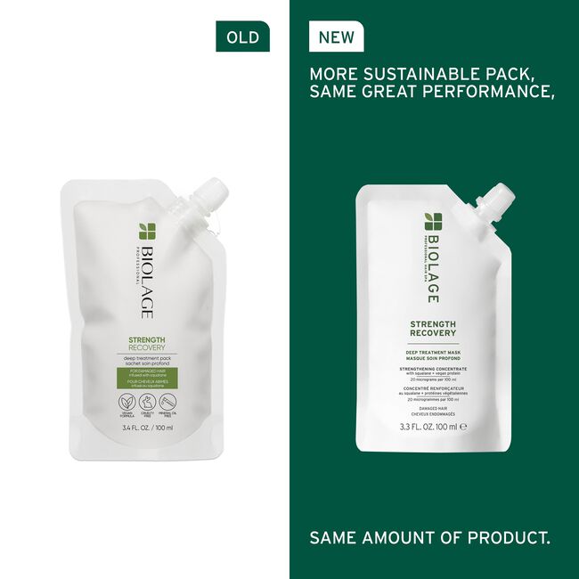 Comparison of an old and new Biolage Strength Recovery product packaging on a green background.