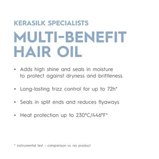 Advertisement for Kerasilk Multi-Benefit Hair Oil with text on a white background