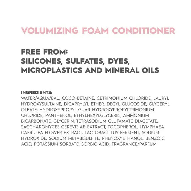 Volumizing foam conditioner label with ingredient list on a white background