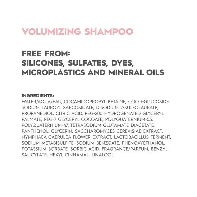 Volumizing shampoo label with ingredient list on a white background