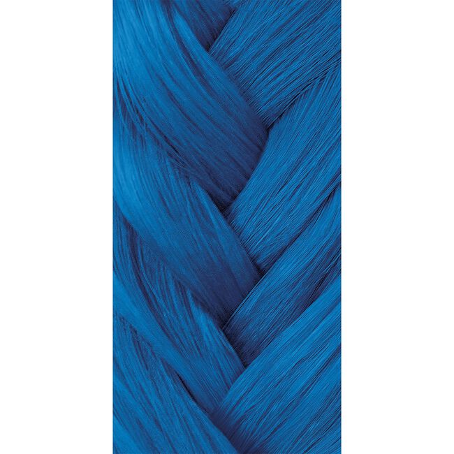 Blue hair extensions styled in a braid on a white background