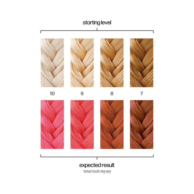Hair color chart showing starting levels and expected results with braided hair samples.