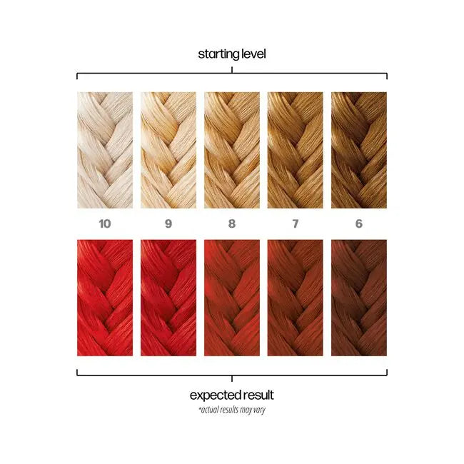 Hair color chart showing starting level and expected result with braided hair samples.