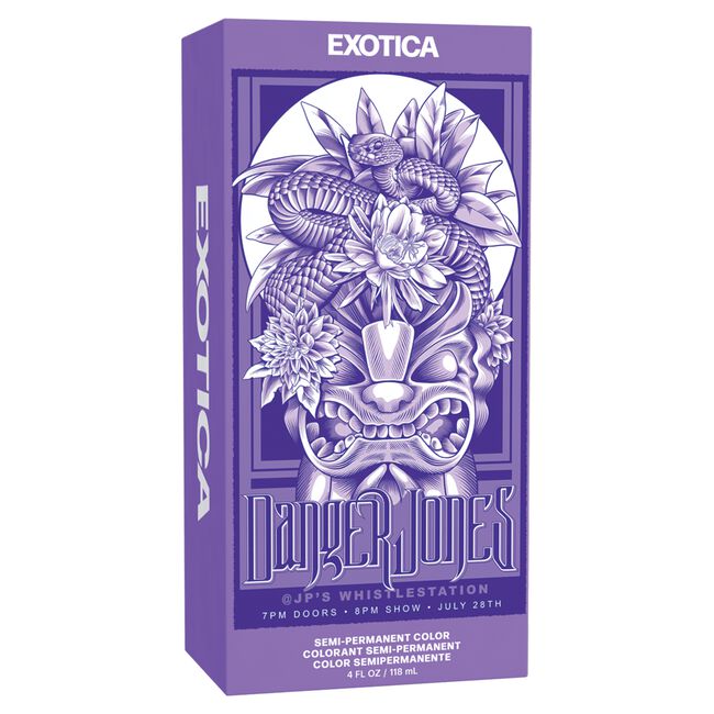 Purple packaging of Exotica by Danger Jones with a mask design on a white background