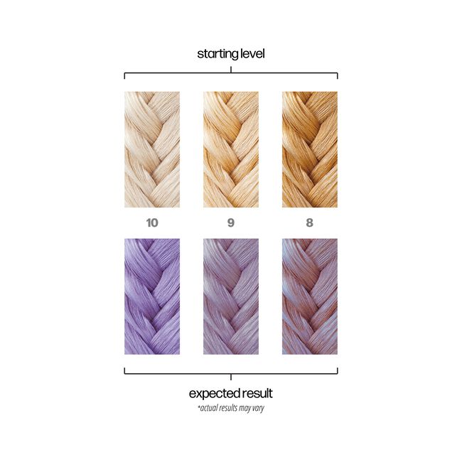 Hair color chart showing starting levels and expected results with braided hair samples.