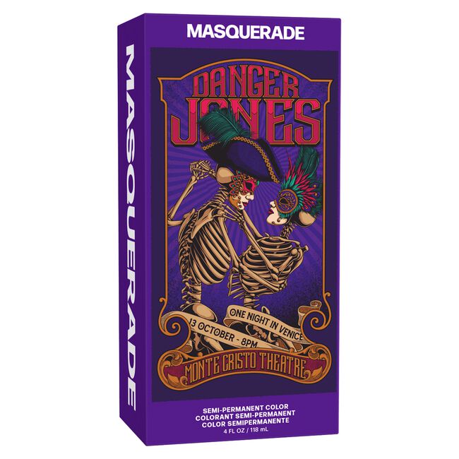 Box for 'Danger Jones' Masquerade event with skeleton design on a purple background