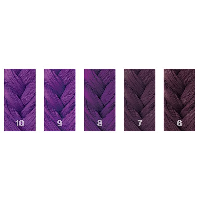 Color swatches of purple hair extensions with numbers indicating color codes.