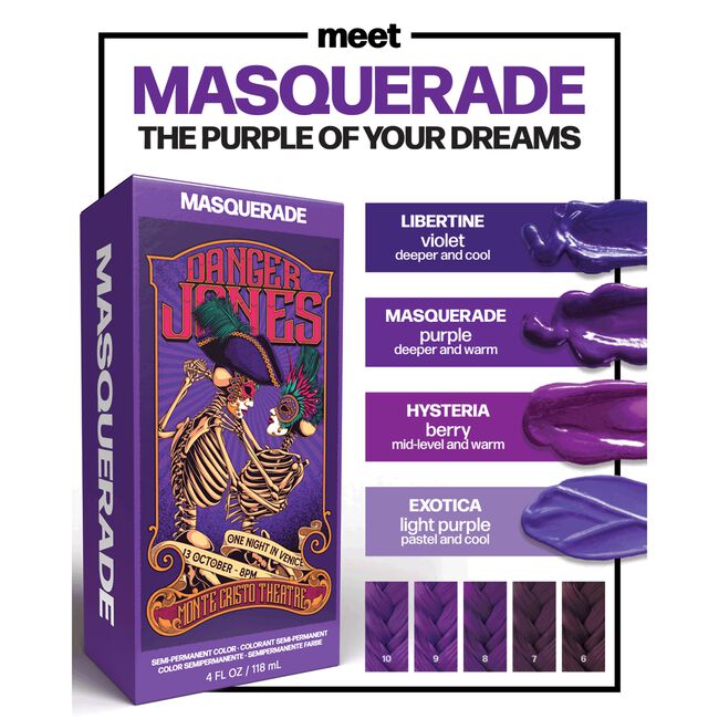 Box of Danger Jones Masquerade purple hair color with product details on a white background