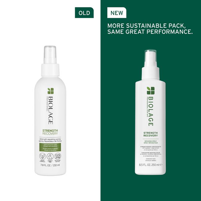Biolage Strength Recovery spray bottles, one labeled 'Old' and the other 'New', on a green and white background.