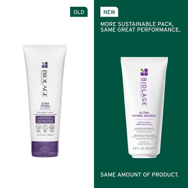 Comparison of Biolage Ultra Hydra Source product packaging, old and new versions, on a white and green background.