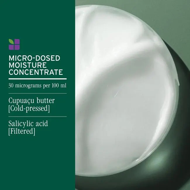 Micro-dosed moisture concentrate with green label and white container on a dark background