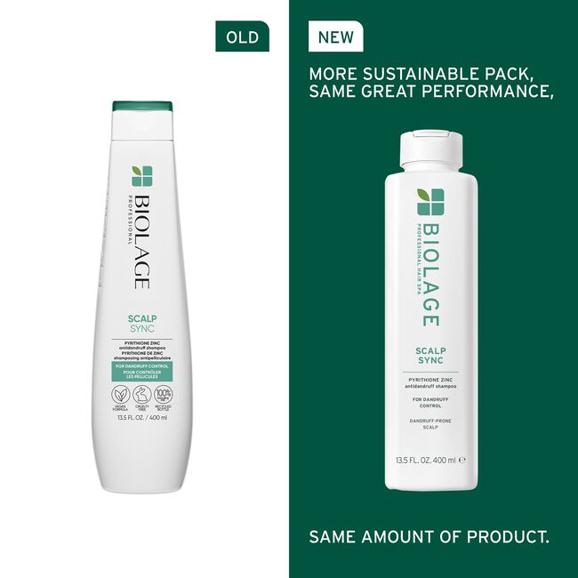 Comparison of an old and new Biolage Scalp Sync bottle on a green background.