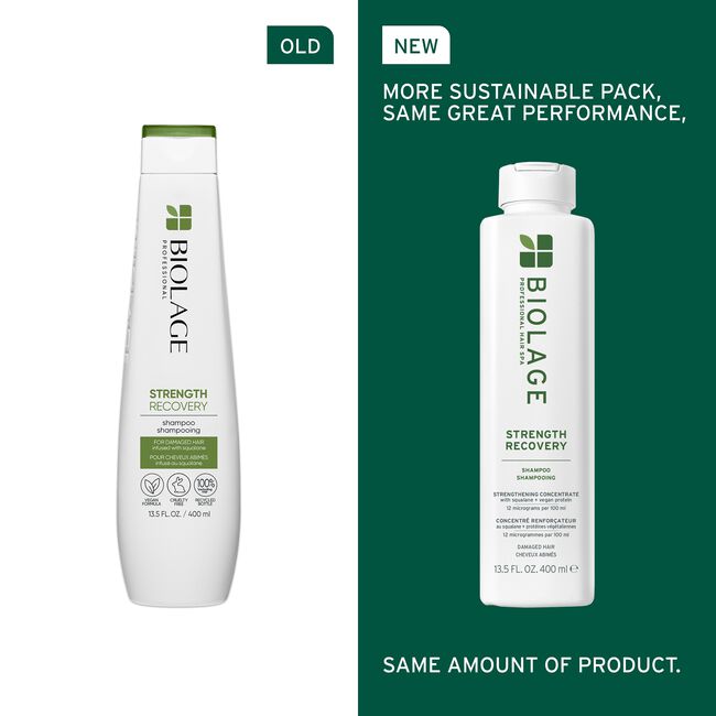 Comparison of an old and new Biolage shampoo bottle on a green background