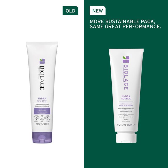 Comparison of Biolage Hydra Source product in old and new packaging on a green and white background.