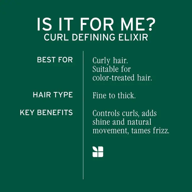 Product description card for a curl defining elixir on a green background