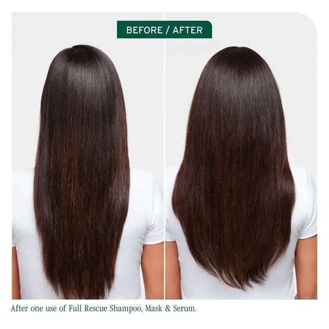 Before and after comparison of hair using Full Rescue Shampoo, Mask & Serum on a white background.