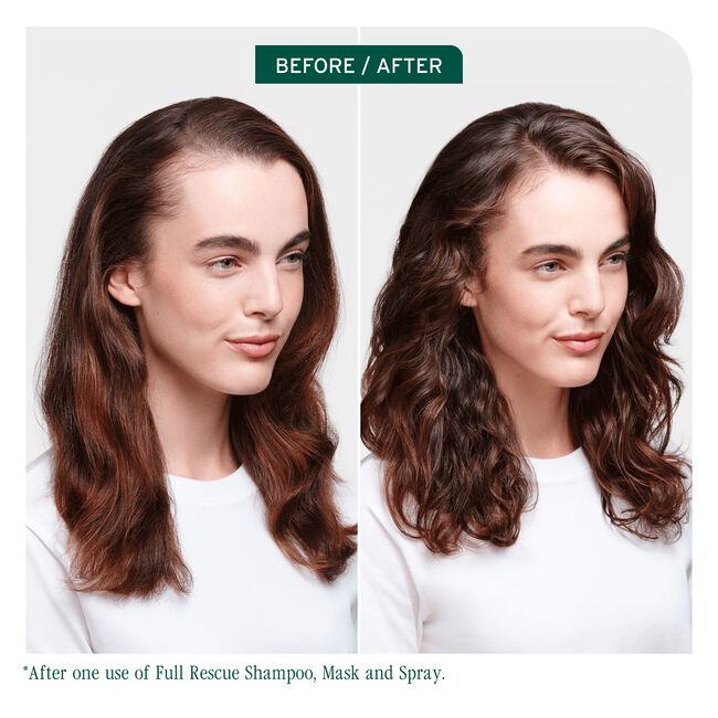 Before and after comparison of hair using Full Rescue Shampoo, Mask, and Spray on a white background.