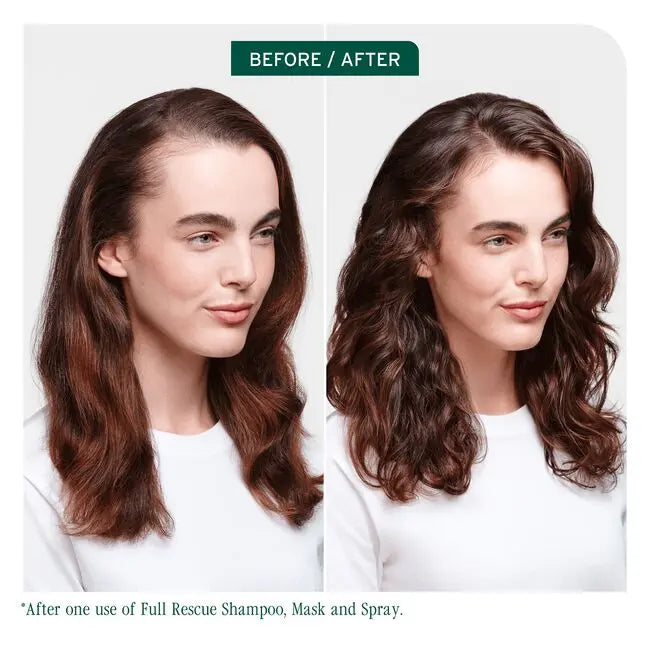 Before and after comparison of hair using Full Rescue Shampoo, Mask, and Spray on a white background.