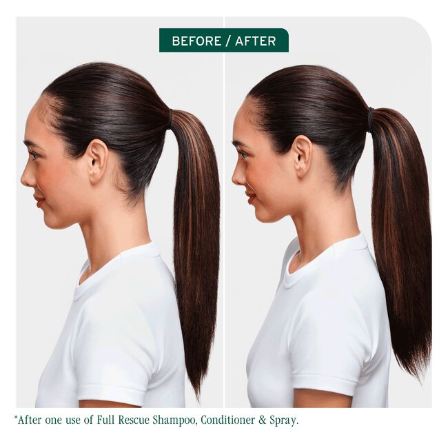 Before and after comparison of hair with Full Rescue Shampoo, Conditioner & Spray on a white background.