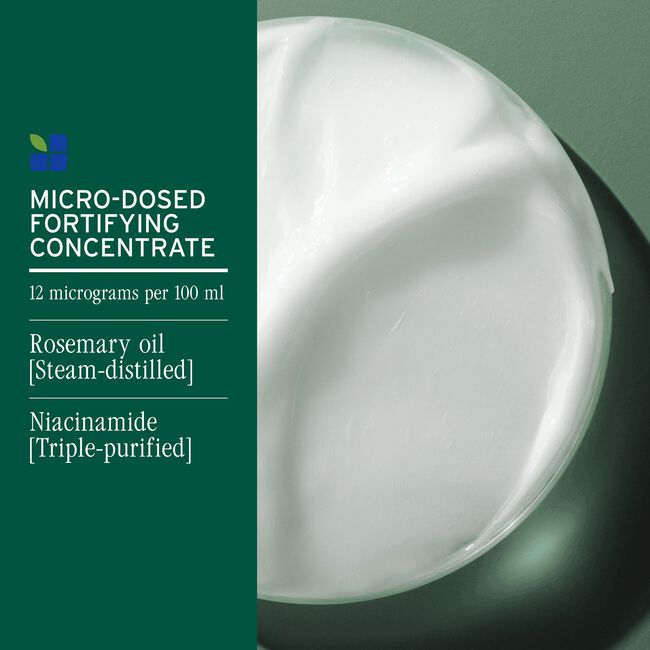 Micro-dosed fortifying concentrate with rosemary oil and niacinamide on a green background