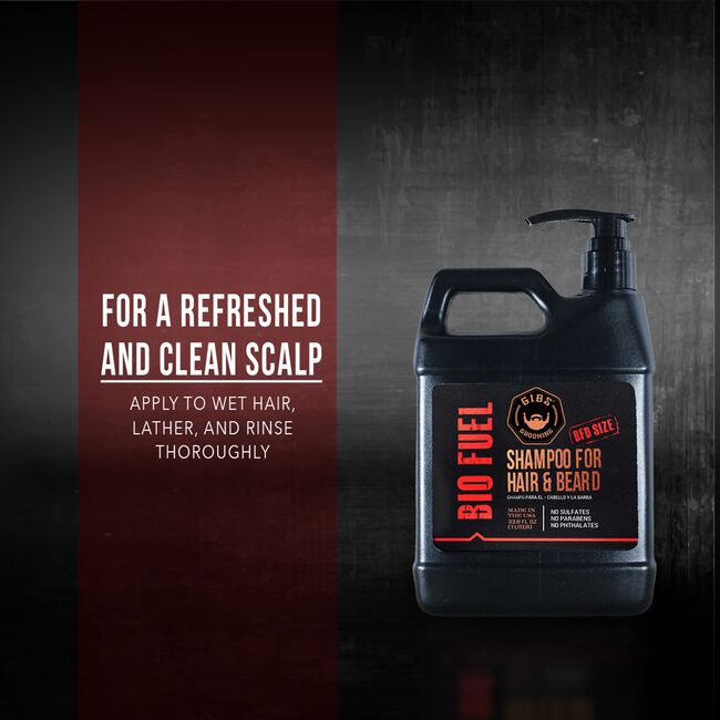 A large black plastic pump bottle of DYE BIO FUEL Shampoo for Hair & Beard, displayed on a dark textured background next to a dark red text panel.
