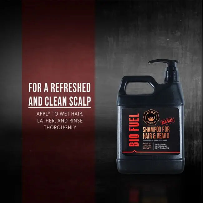 A large black plastic pump bottle of DYE BIO FUEL Shampoo for Hair & Beard, displayed on a dark textured background next to a dark red text panel.