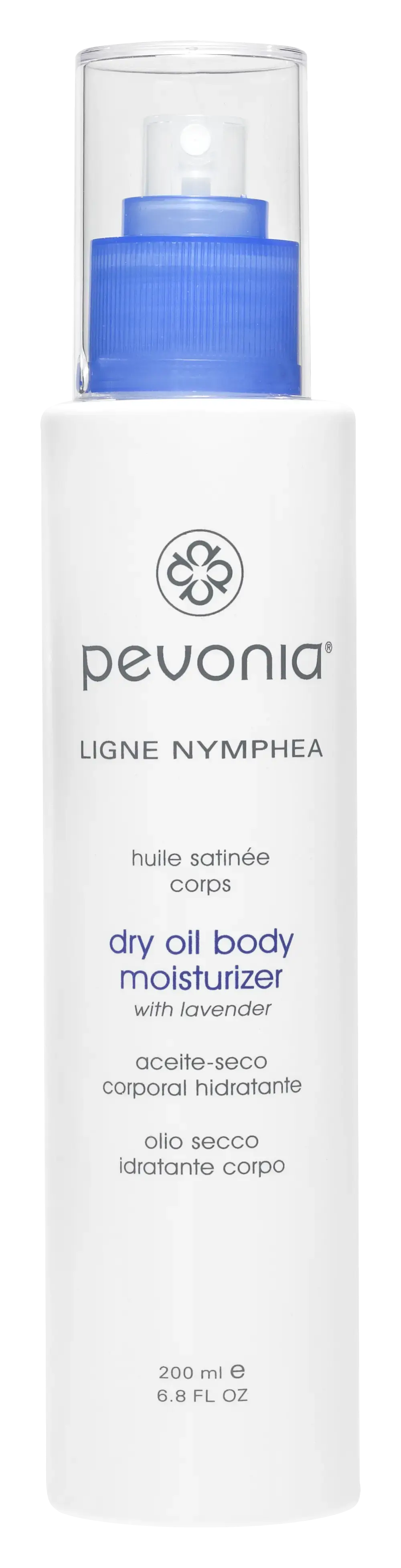 Pevonia dry oil body moisturizer bottle with lavender on a white background