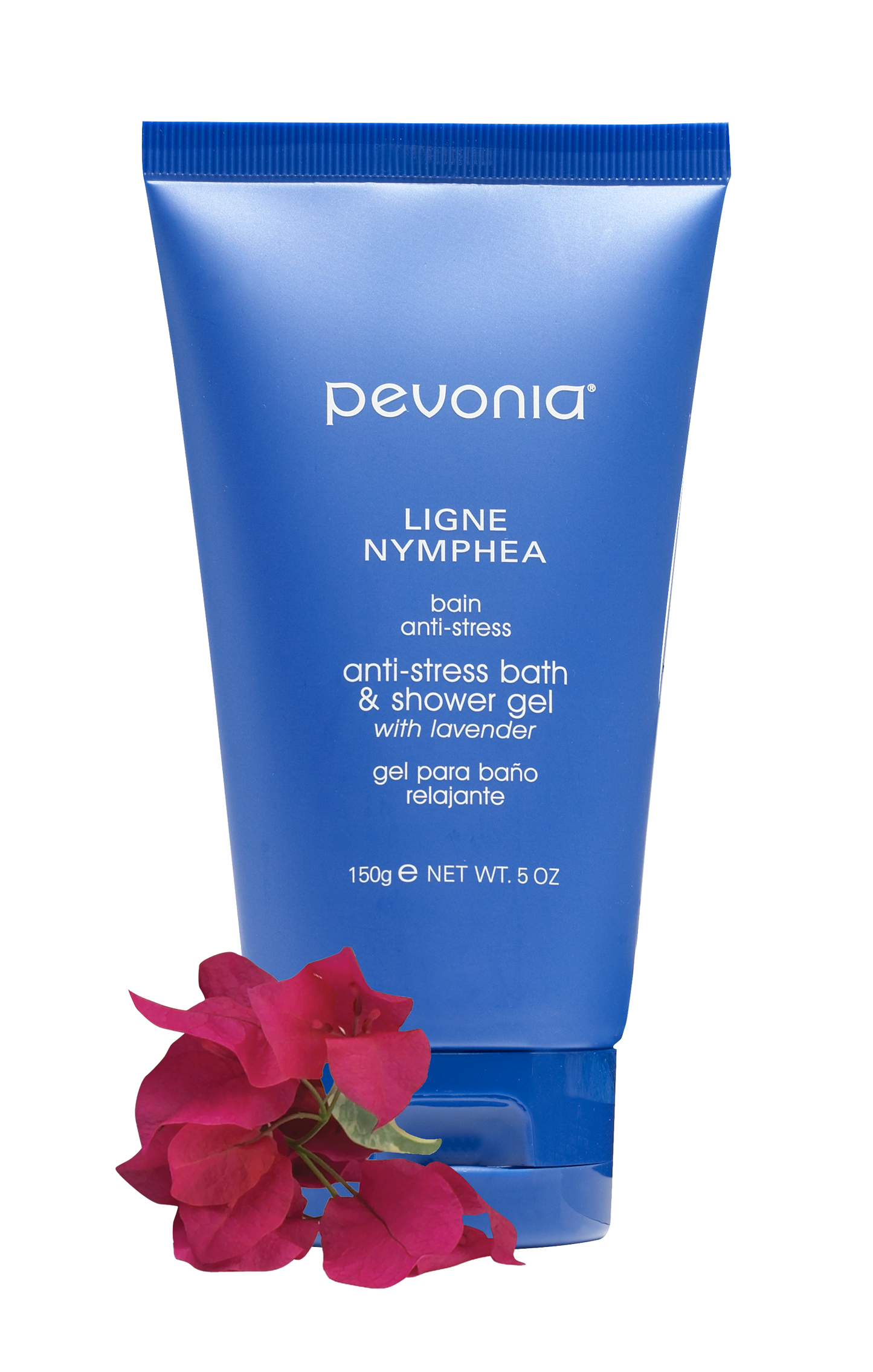 Pevonia Anti Stress shower gel bottle with red flower