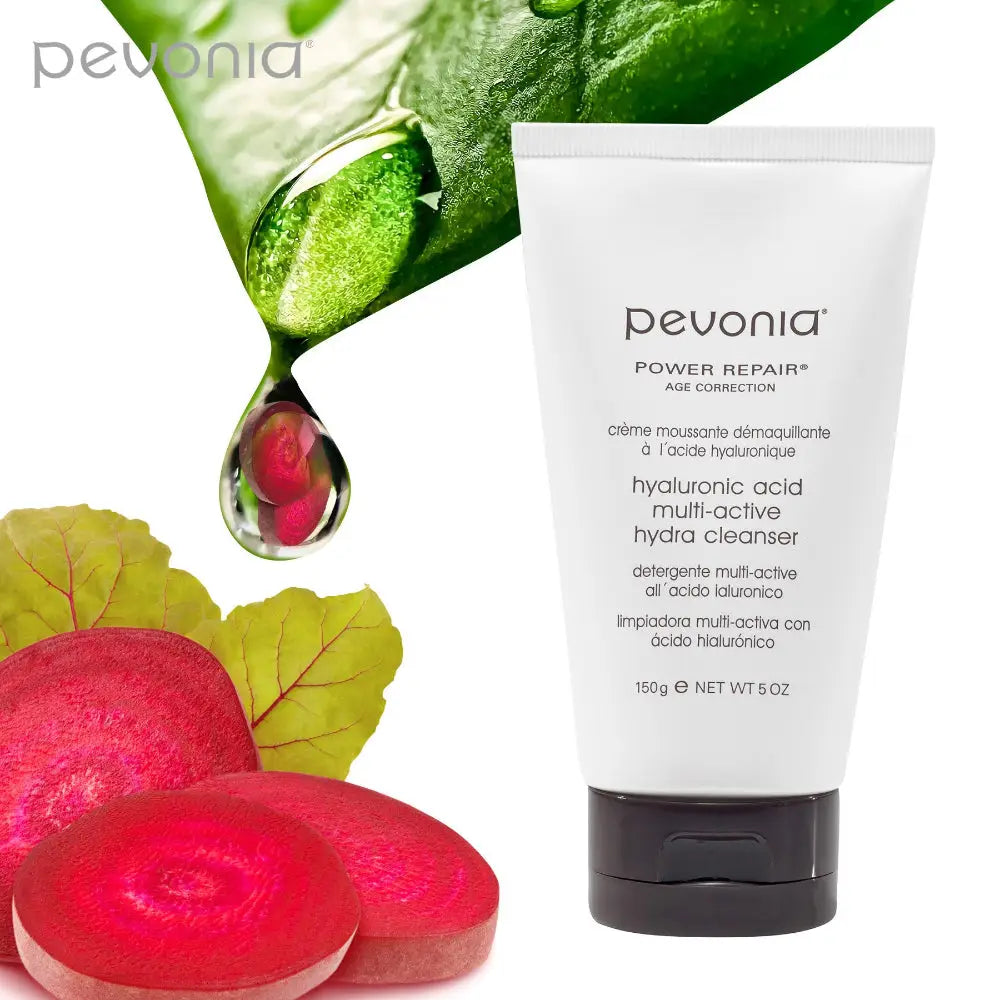 Pevonia Power Repair cleanser with beetroot and leafy greens on a white background