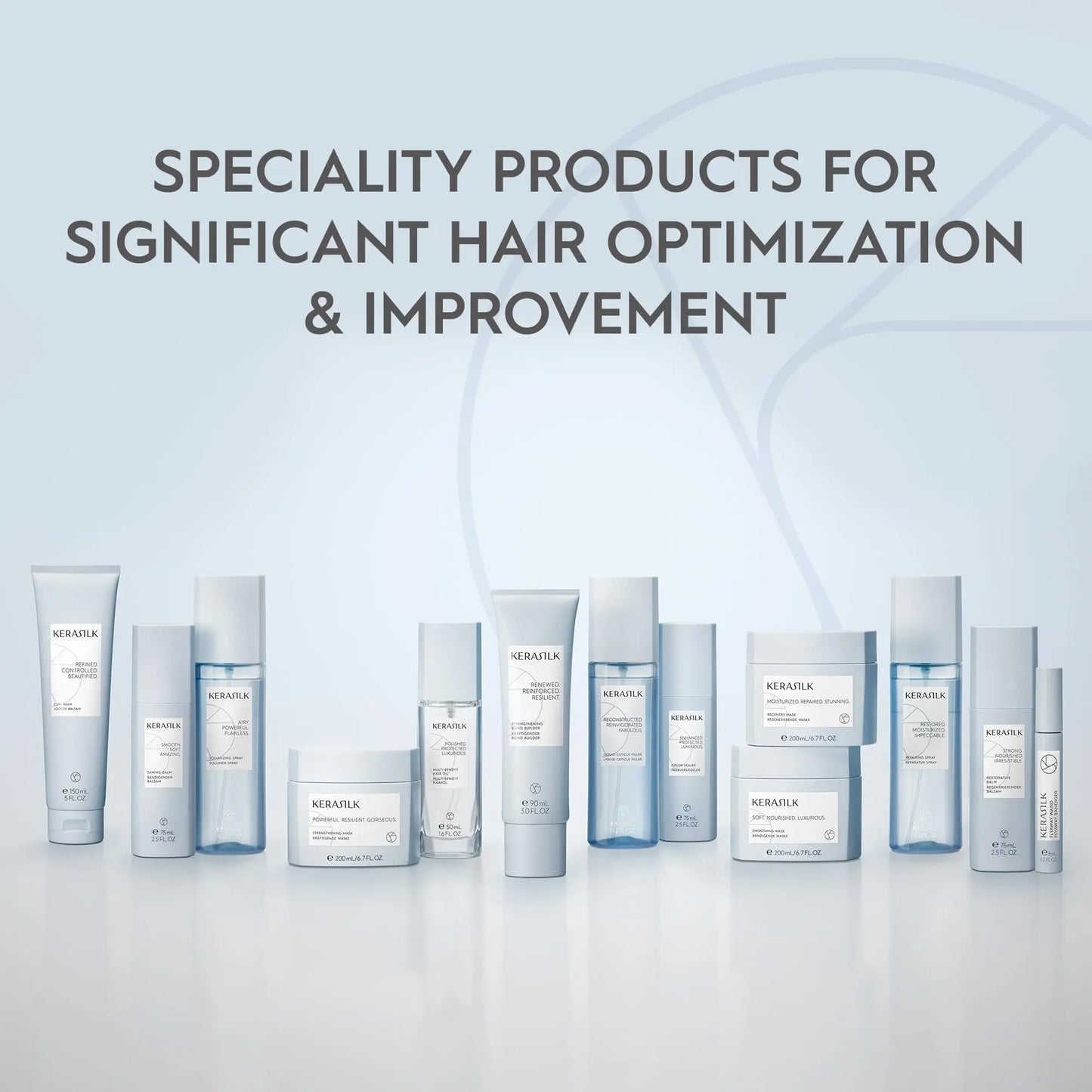 Kerastase hair care products on a light gray background with text about hair optimization.