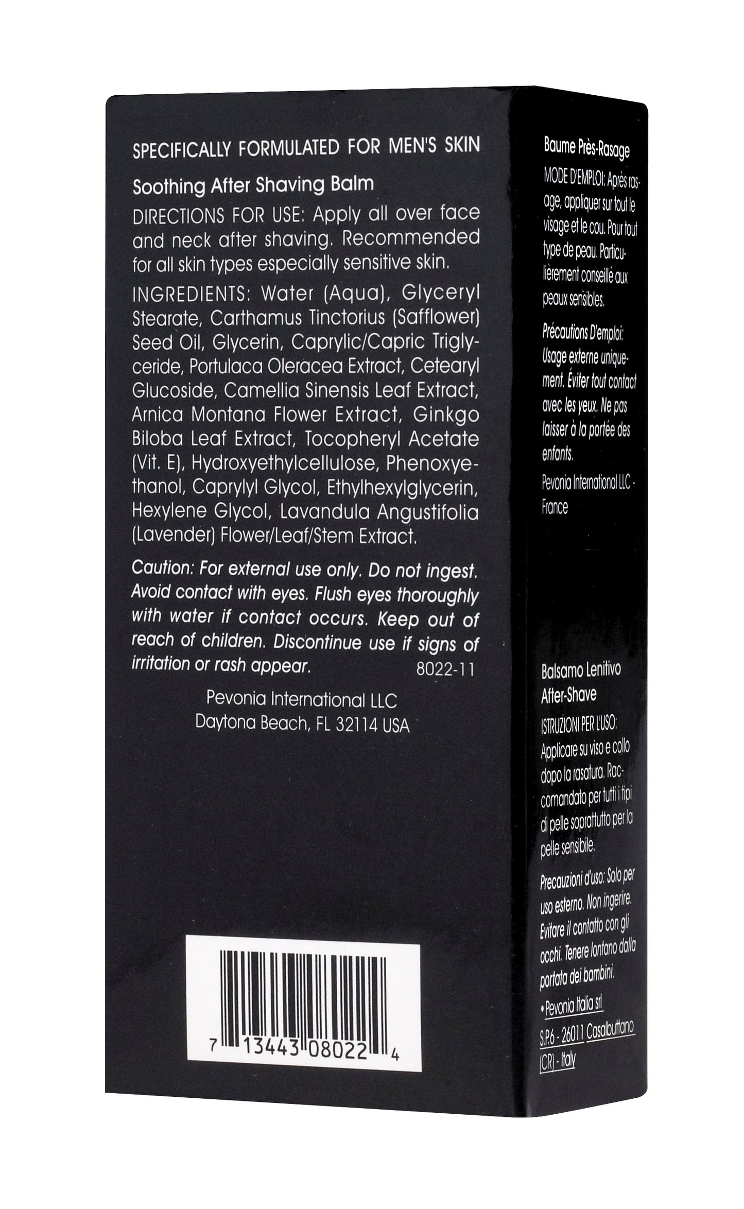 Back label of a men's grooming product with text and a barcode on a black background