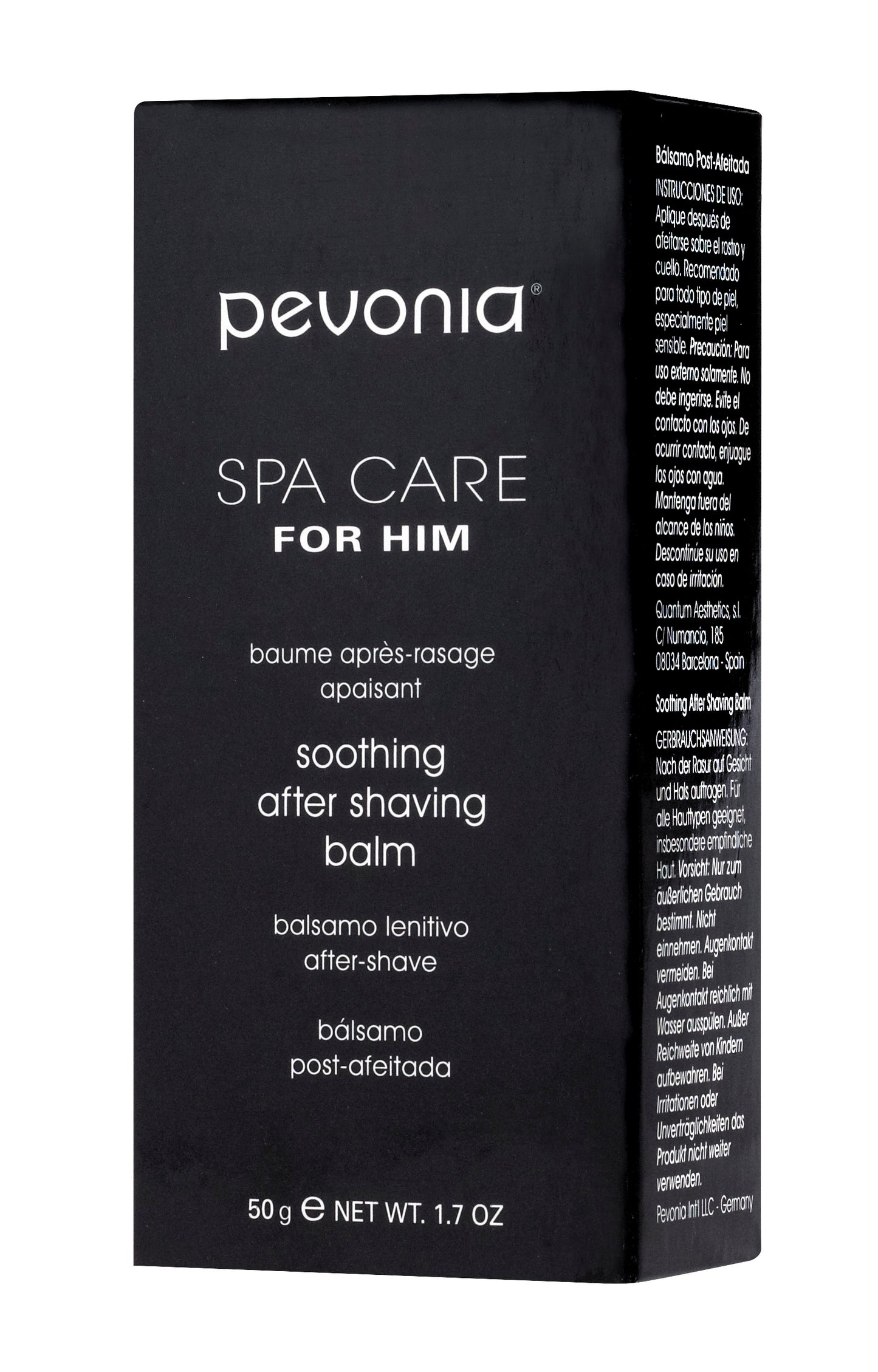 Pevonia Spa Care for Him soothing after shaving balm packaging on a white background