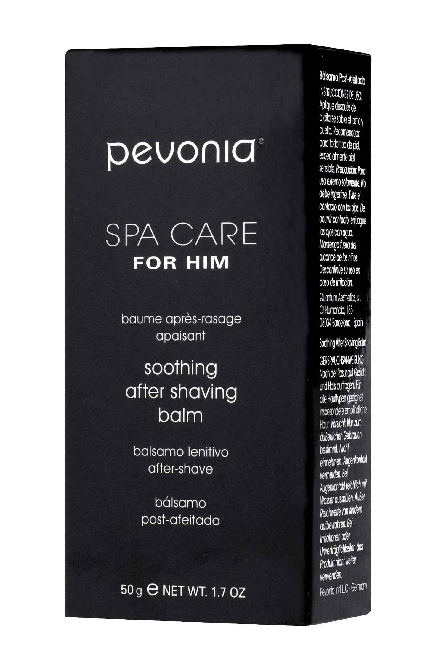 Pevonia Spa Care for Him soothing after shaving balm packaging on a white background