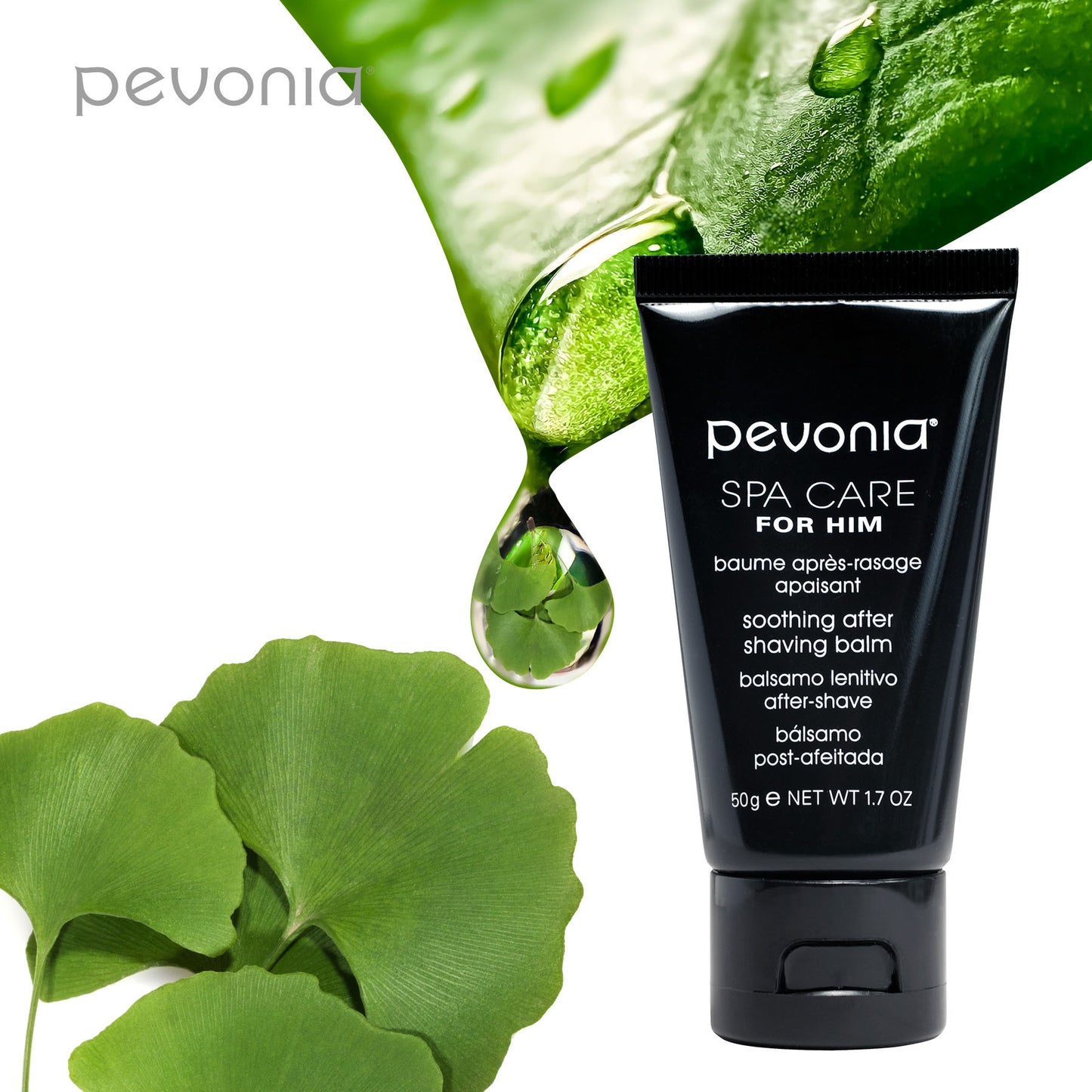 Pevonia spa care for him balm with green leaves and droplets on a white background