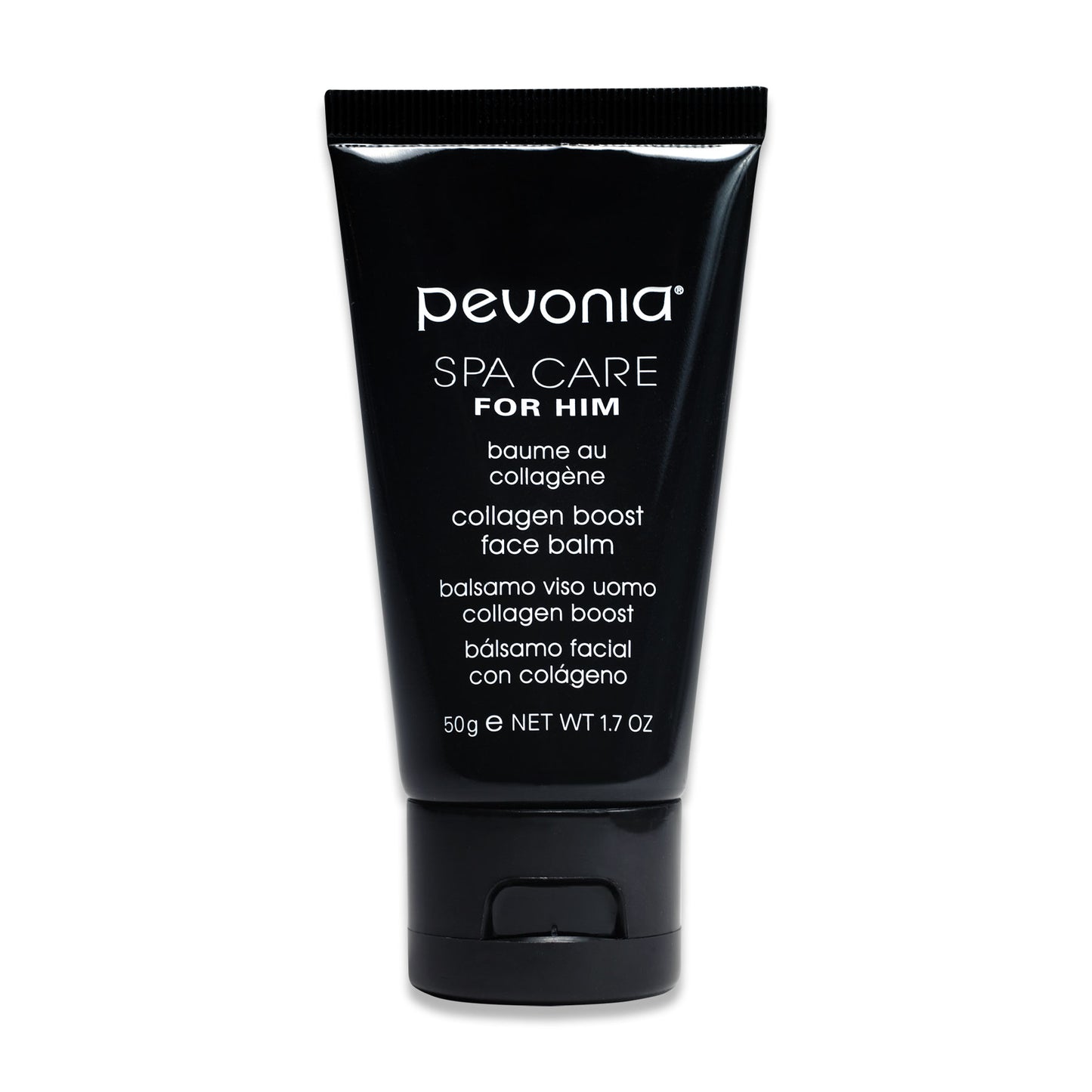 Black tube of Pevonia Spa Care for Him collagen boost face balm on a white background