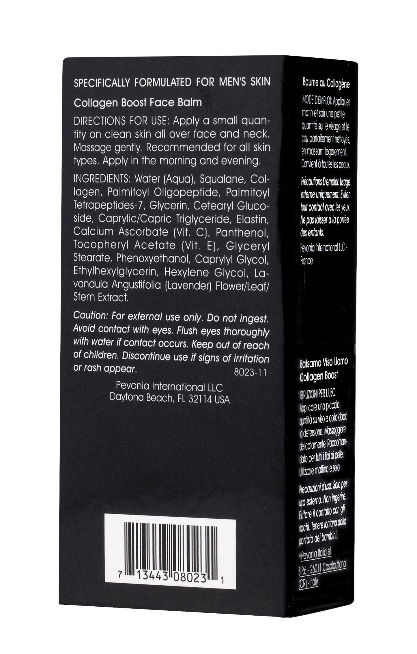 Back of a black face balm packaging with text and a barcode on a white background