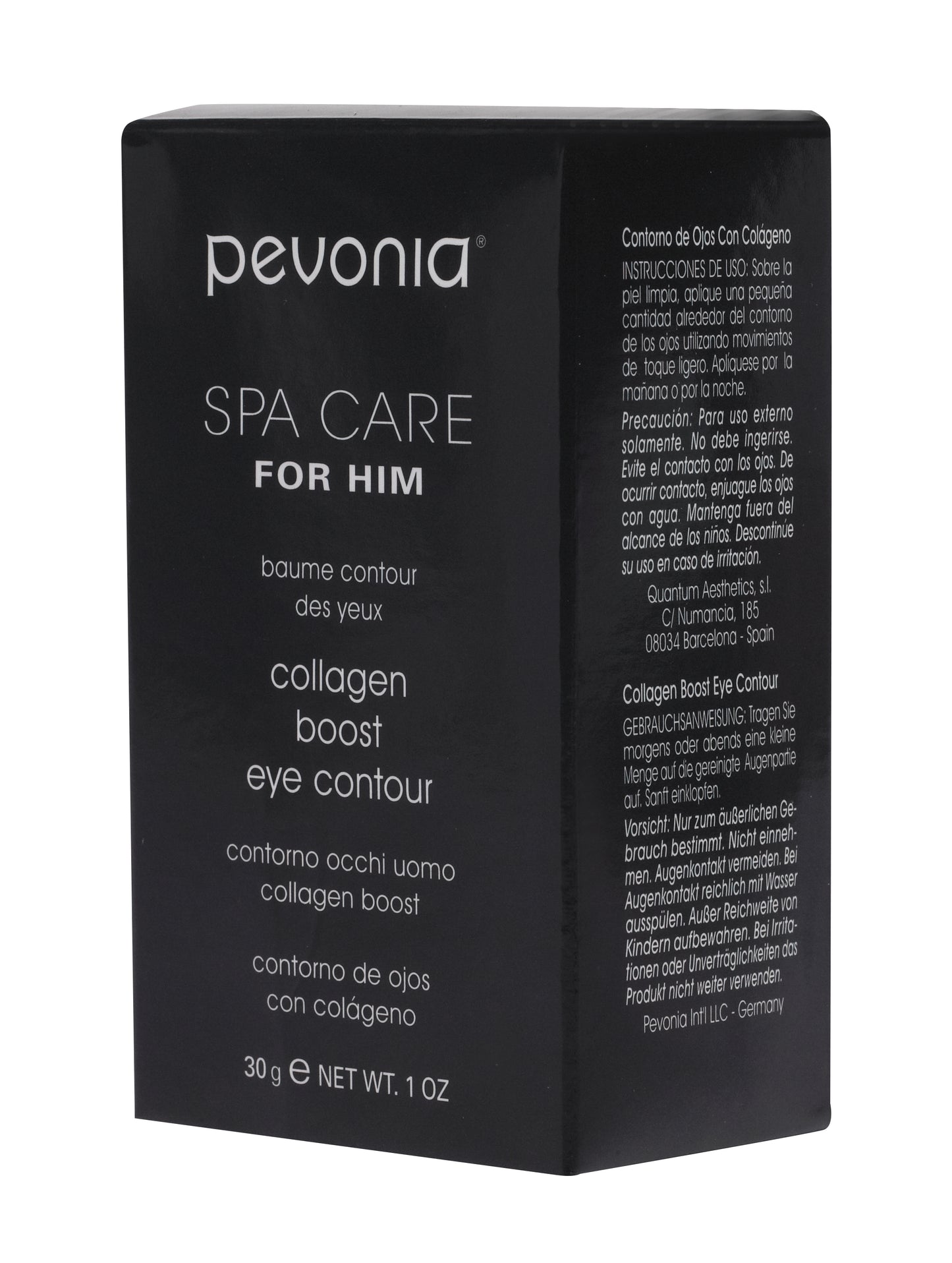 Pevonia eye contour cream packaging with black background and white text