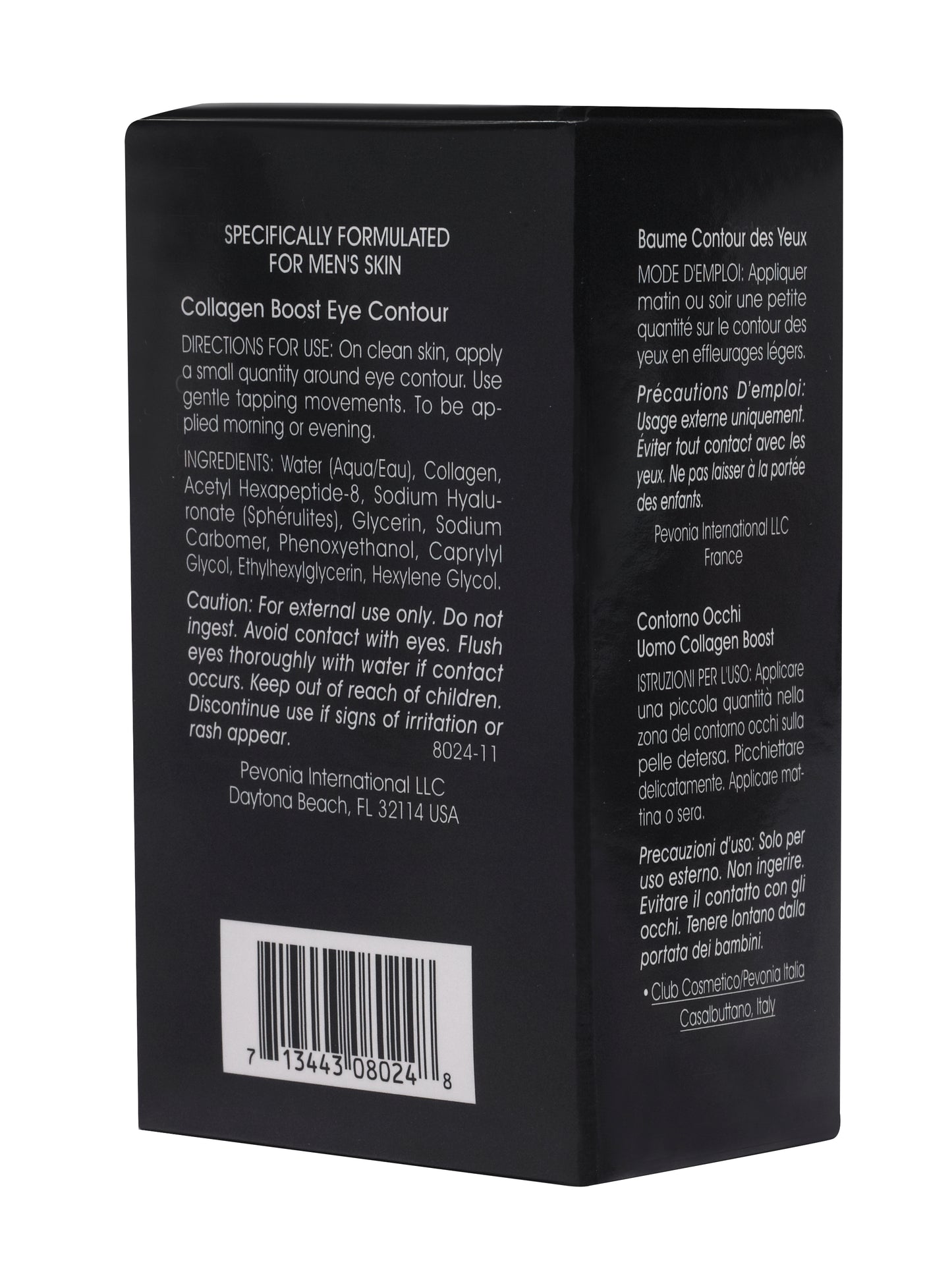 Back of a black cosmetic packaging with text and a barcode on a white background