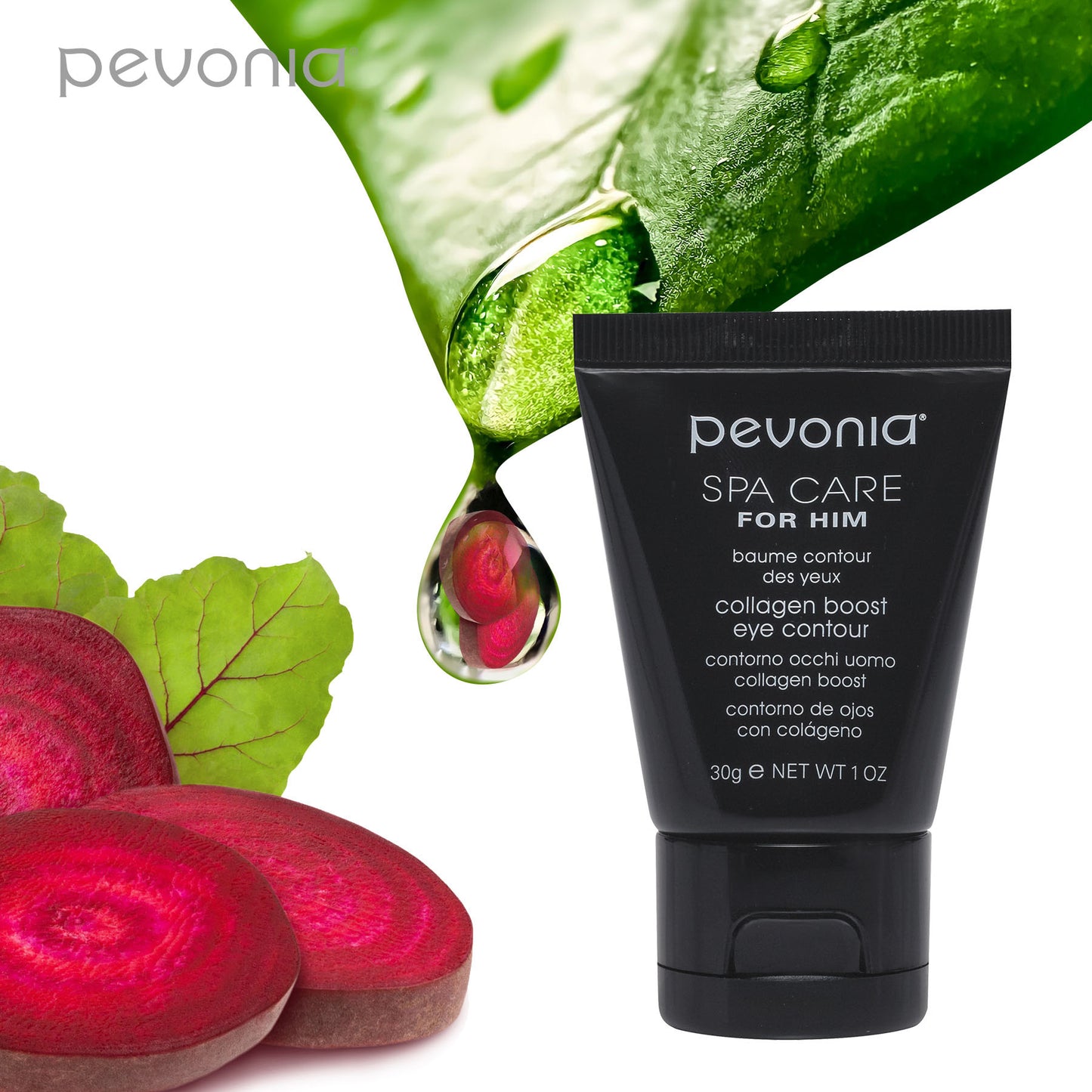 Pevonia eye contour cream with beetroot and leafy greens on a white background