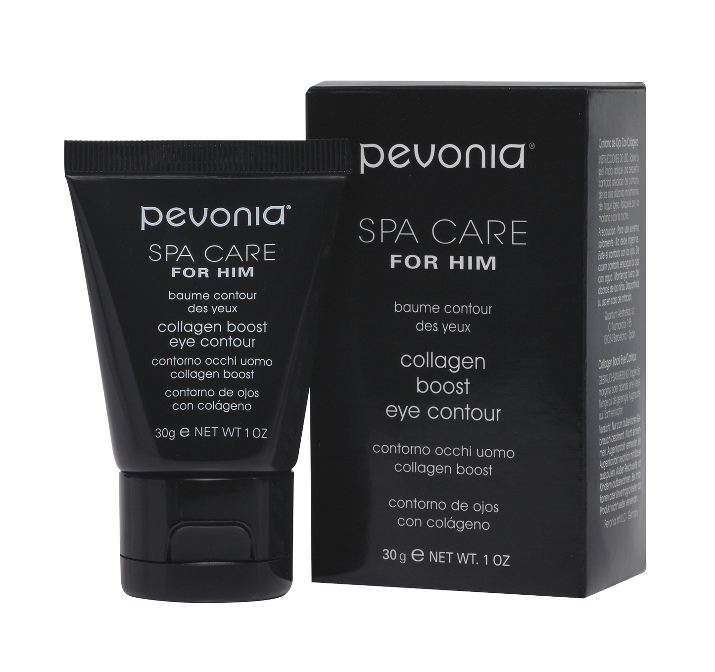 Pevonia Spa Care for Him eye contour cream with packaging on a white background
