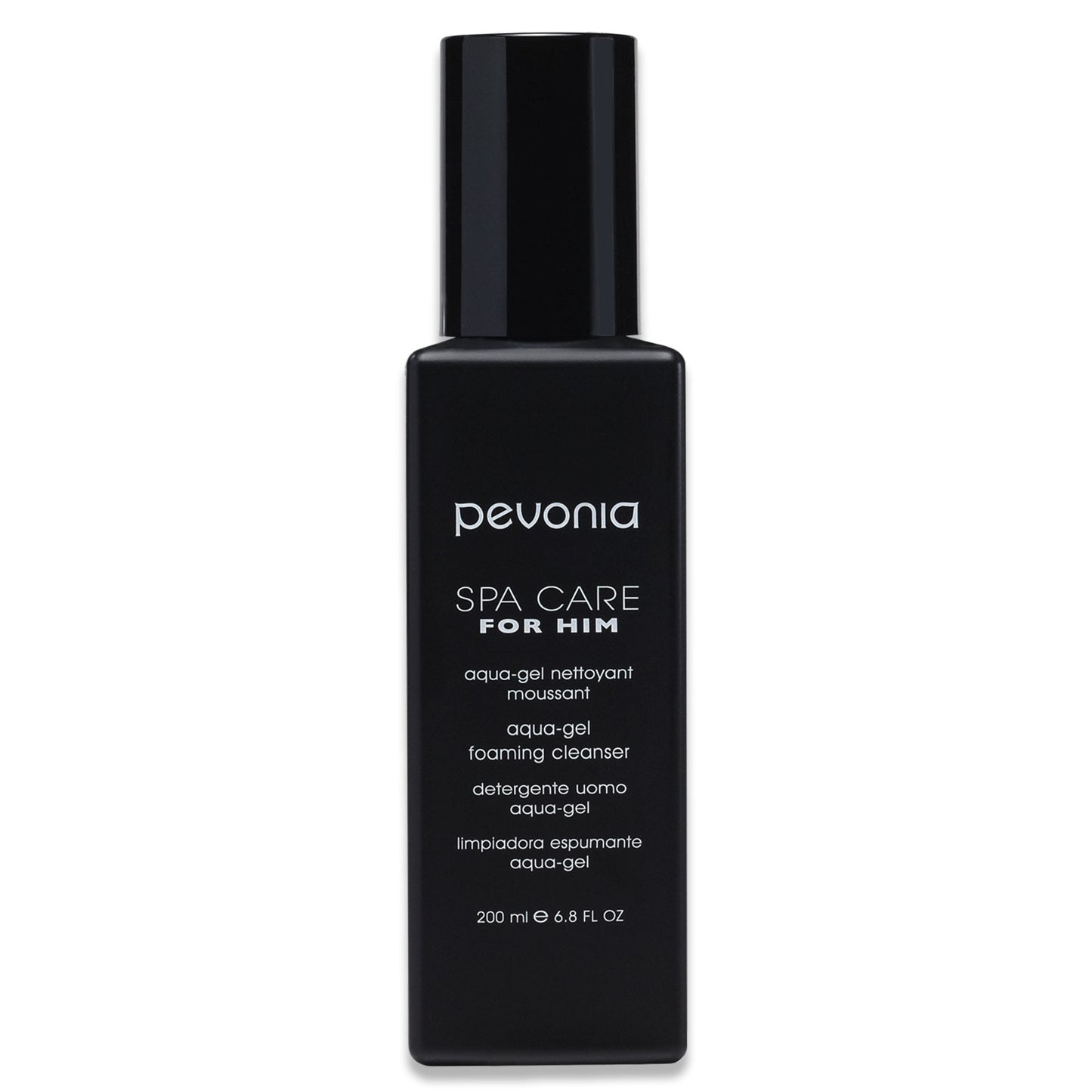 Black bottle of Pevonia Spa Care for Him foaming cleanser on a white background
