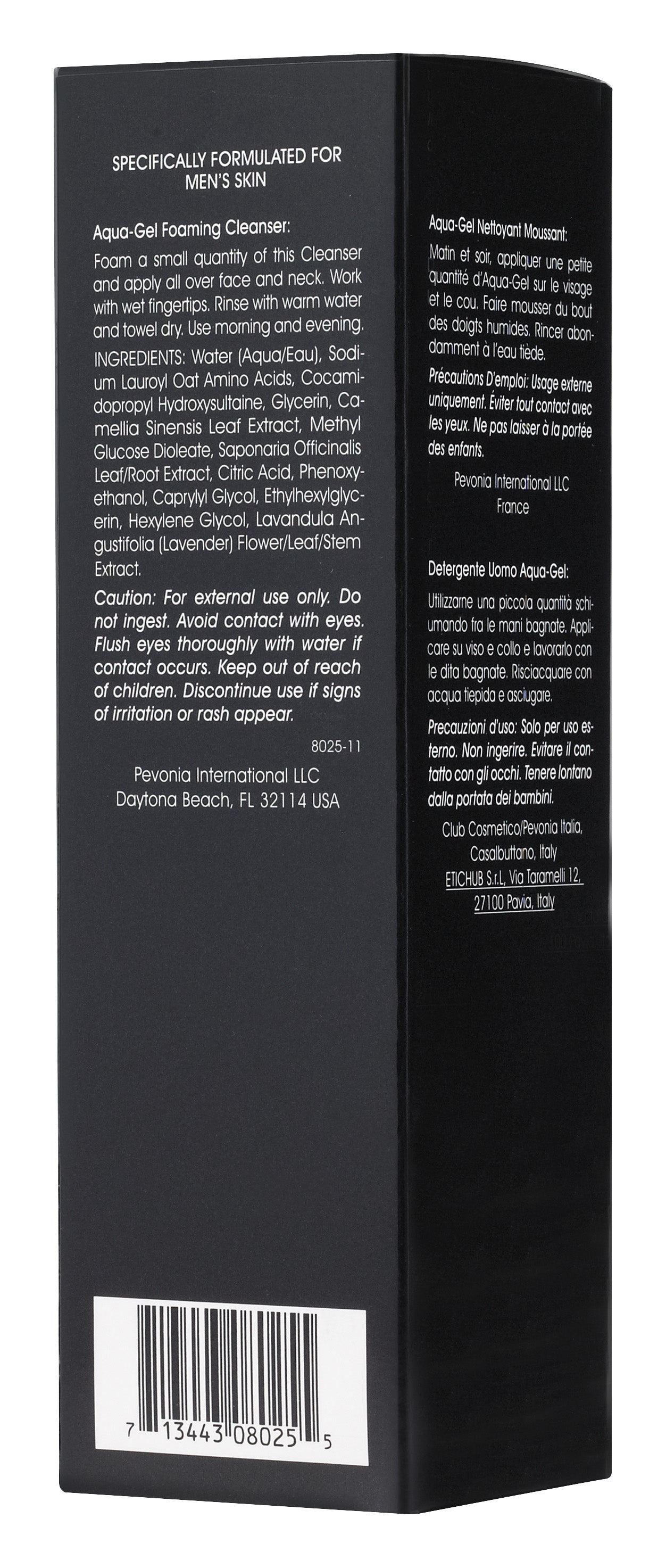 Back of a black product packaging box with text and a barcode