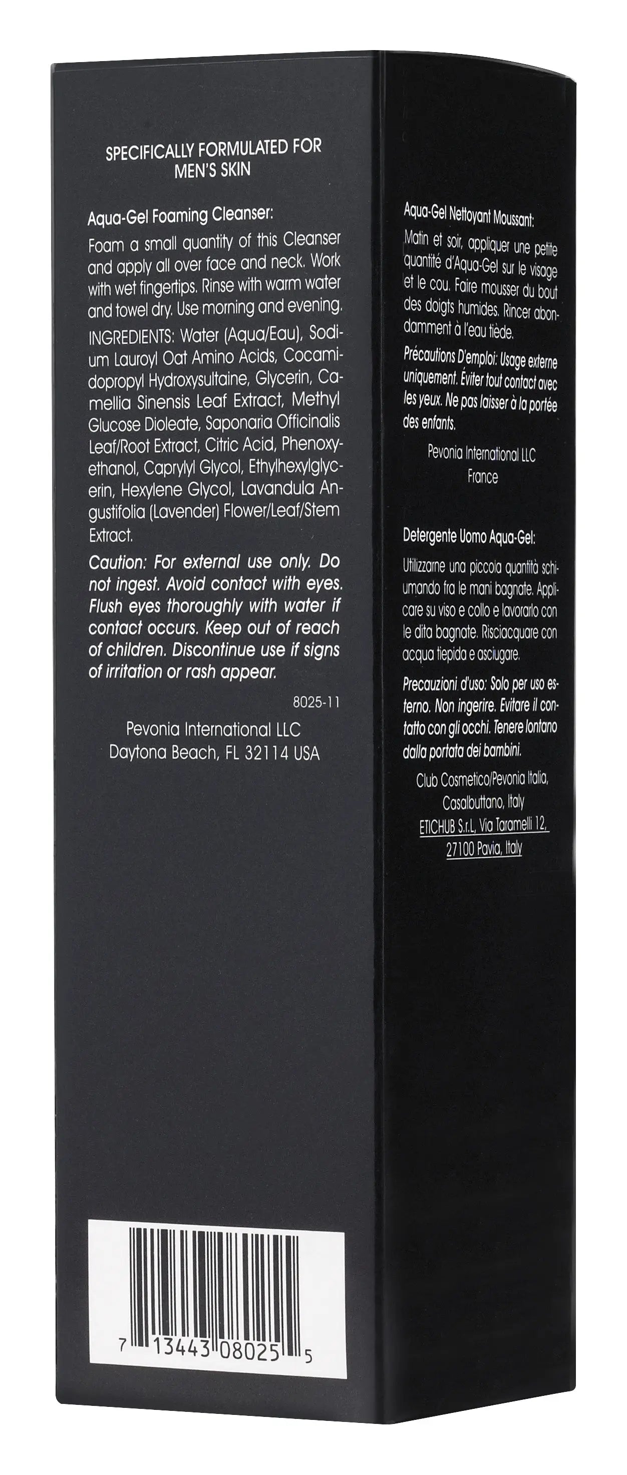 Back of a black product packaging box with text and a barcode