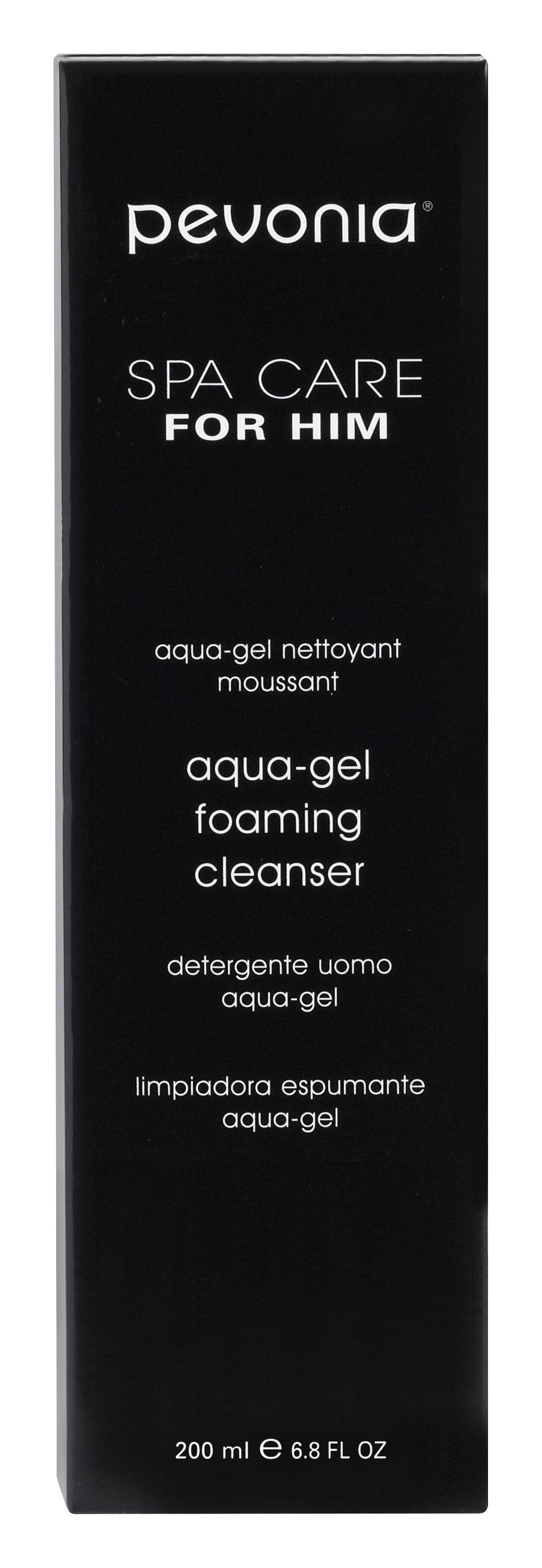 Pevonia Spa Care for Him aqua-gel foaming cleanser packaging on a black background