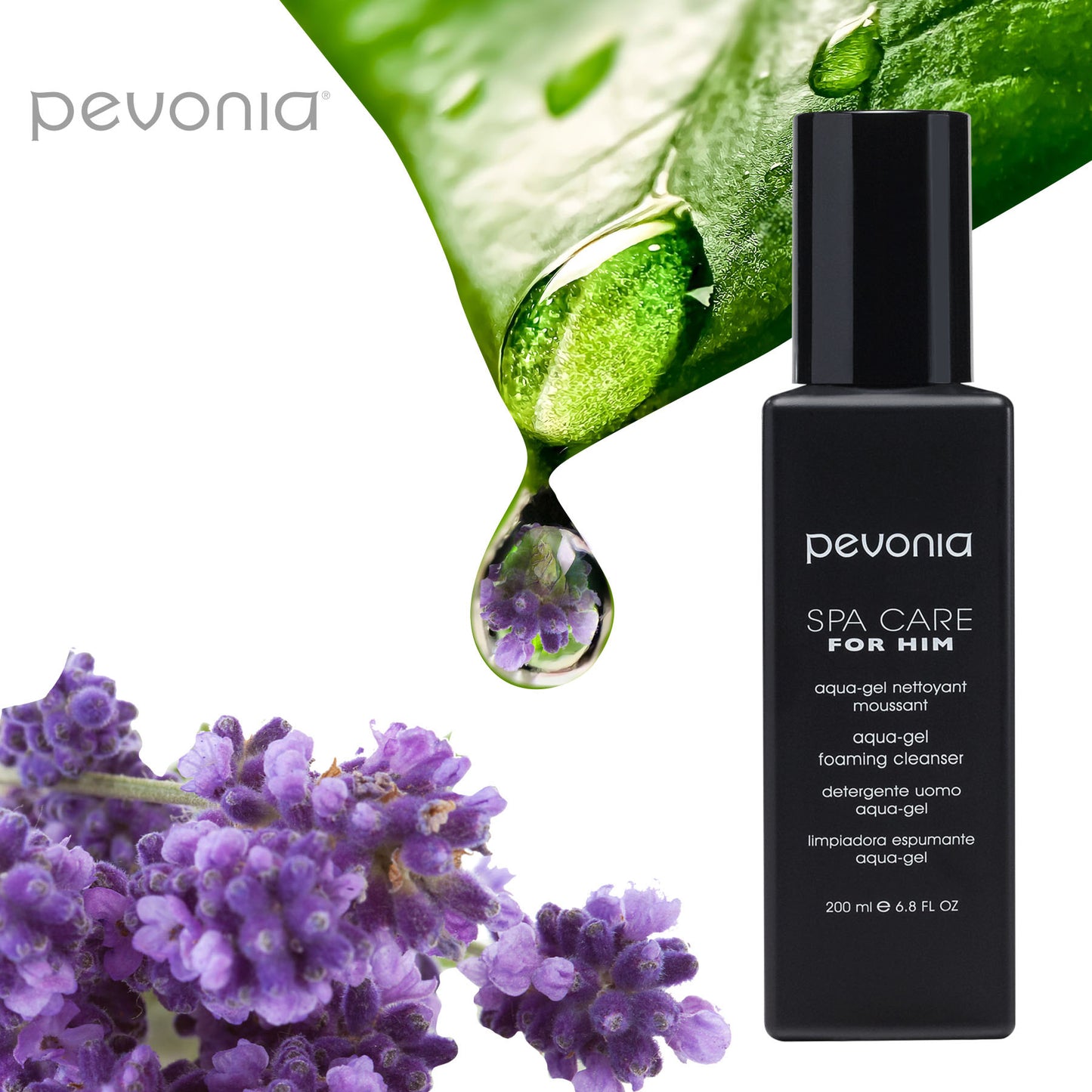Pevonia spa care product with lavender and green leaf on a white background