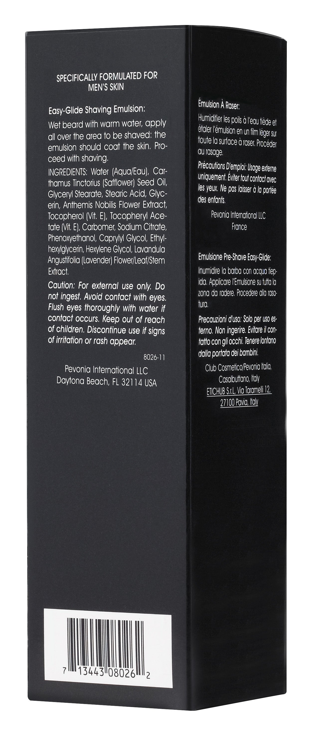Back view of a black skincare product box with text and a barcode.