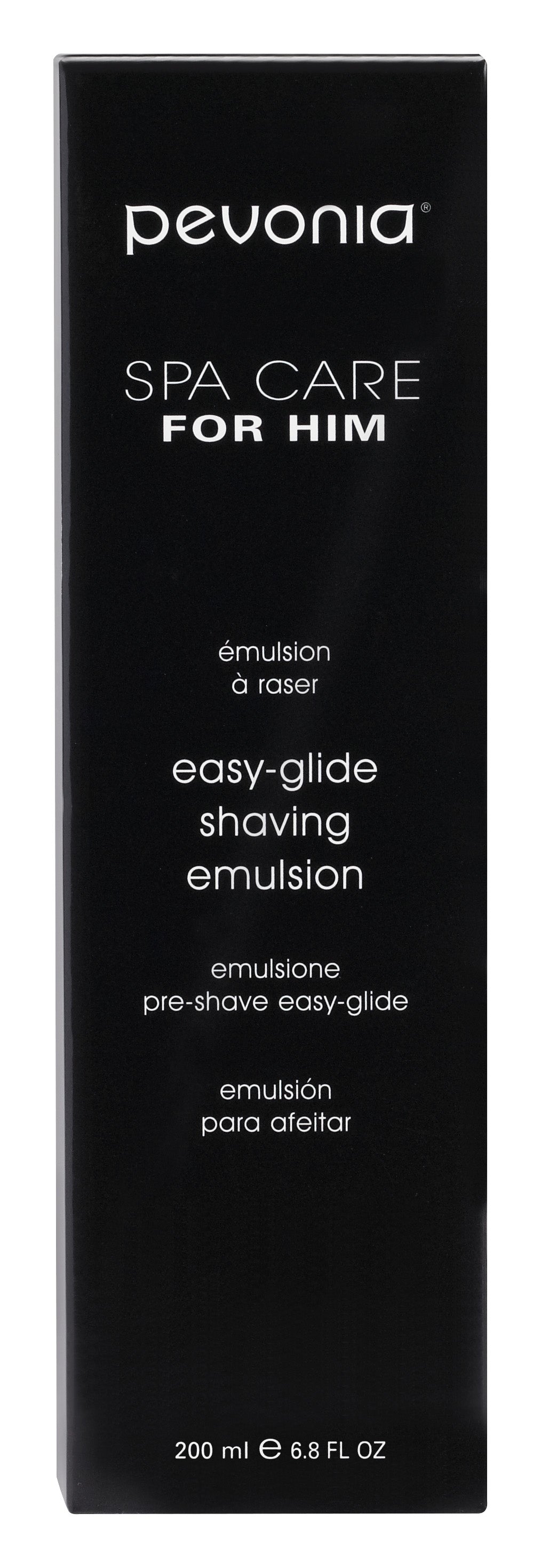 Pevonia Spa Care for Him shaving emulsion packaging on a black background