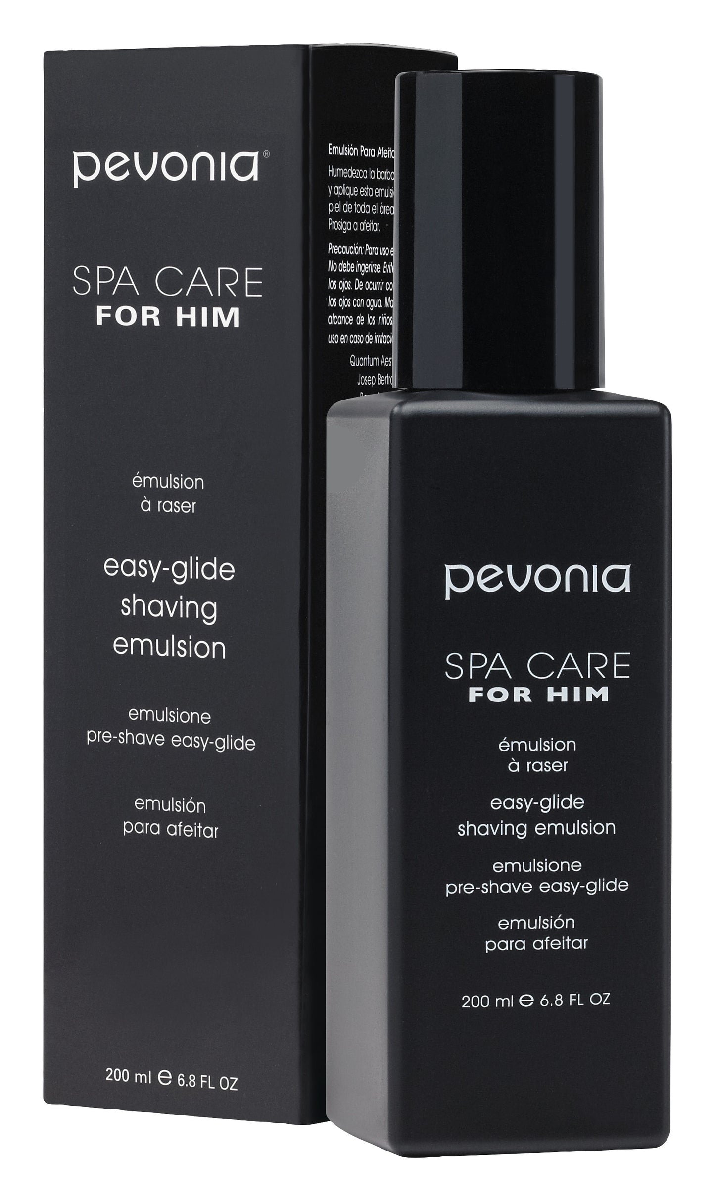 Pevonia Spa Care for Him shaving emulsion bottle and packaging on a white background