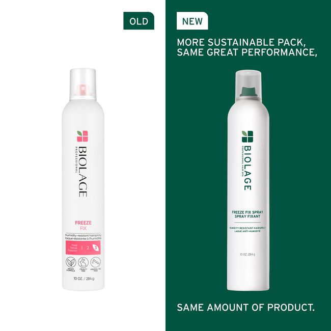 Comparison of an old and new Biolage hair spray bottle on a green and white background.