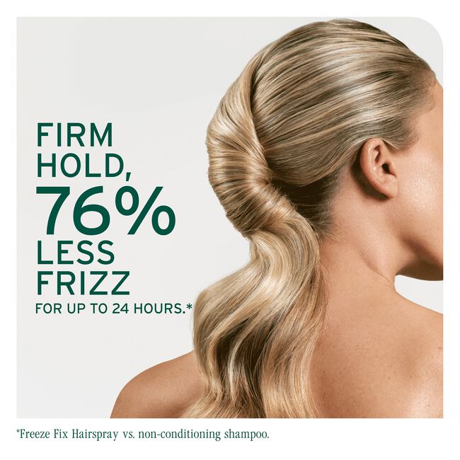 Woman with styled hair and text about hair product's frizz reduction claims.